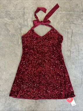 Cider Red Sequin Halter Mini Dress